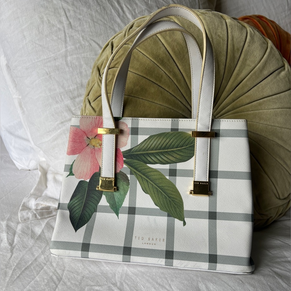 Ted Baker White Plaid Tote with Pink Floral Print